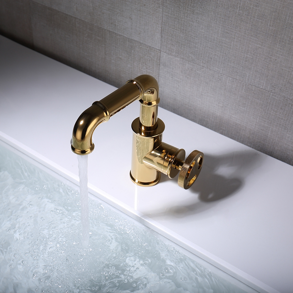

Ruth Industrial Pipe Gold 1-Hole Bathroom Sink Faucet Single Handle Solid Brass in Gold
