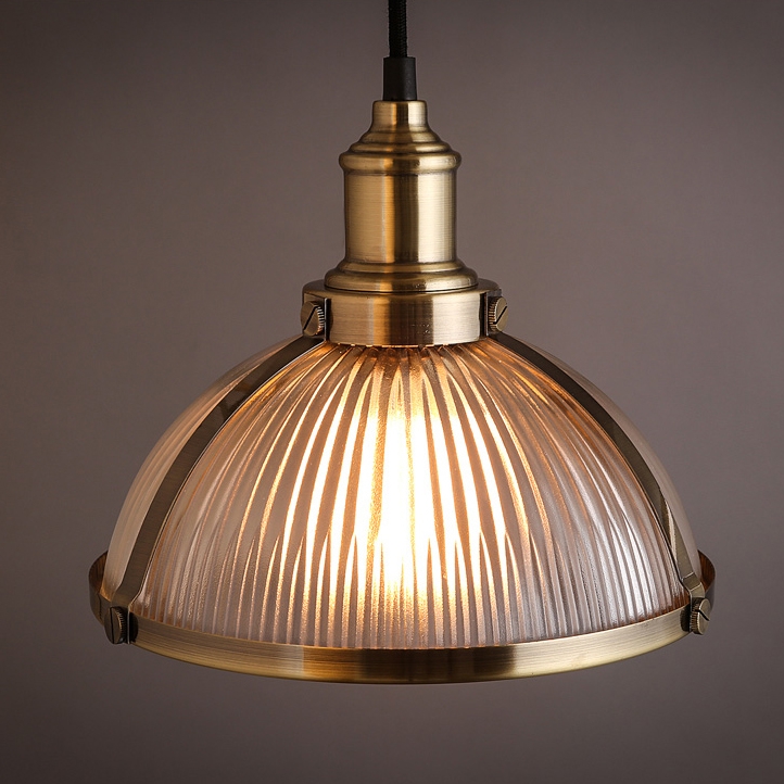 Industrial Prismatic Ribbed Glass Round Dome Pendant Light & One light-110V-Brass