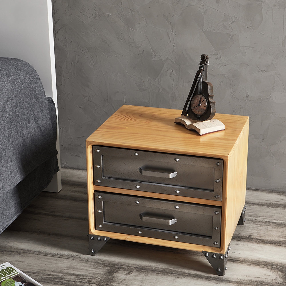 Industrial End Table with Drawers Retro Side Table