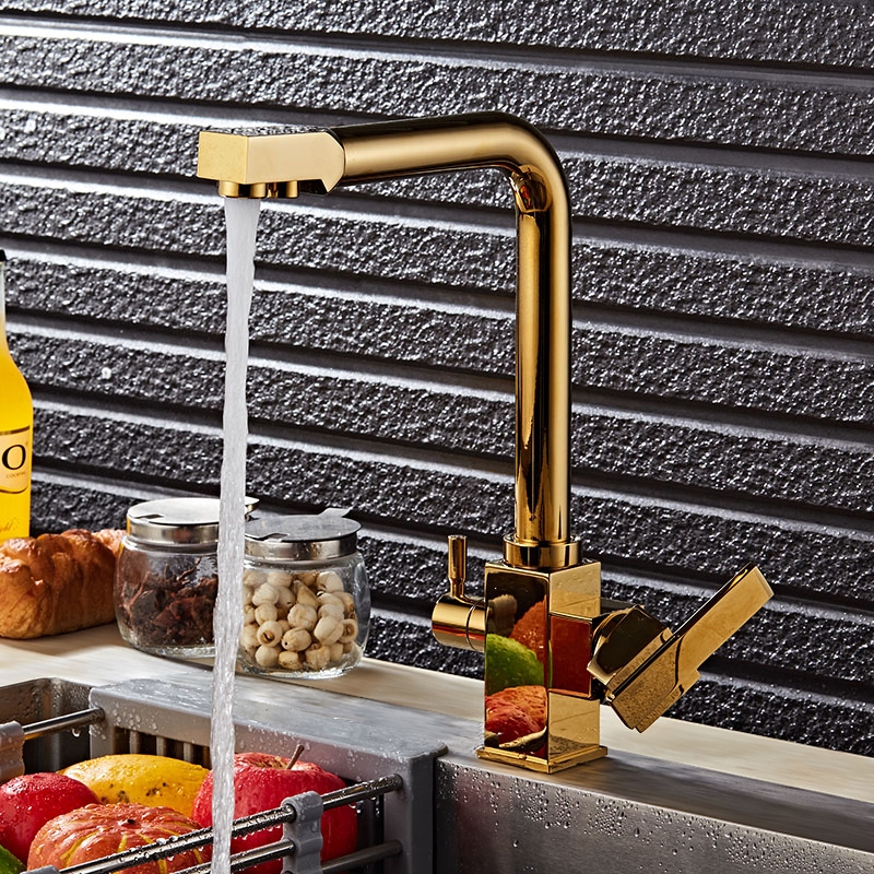 Luxury Single Hole Double-Handle Swiveling Kitchen Faucet with Water Filtering in Gold