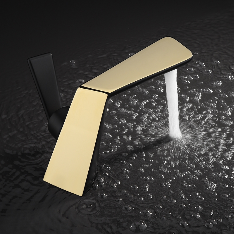 

Modern Single Hole Deck Mounted Bathroom Sink Faucet with Flat Handle in Black & Gold
