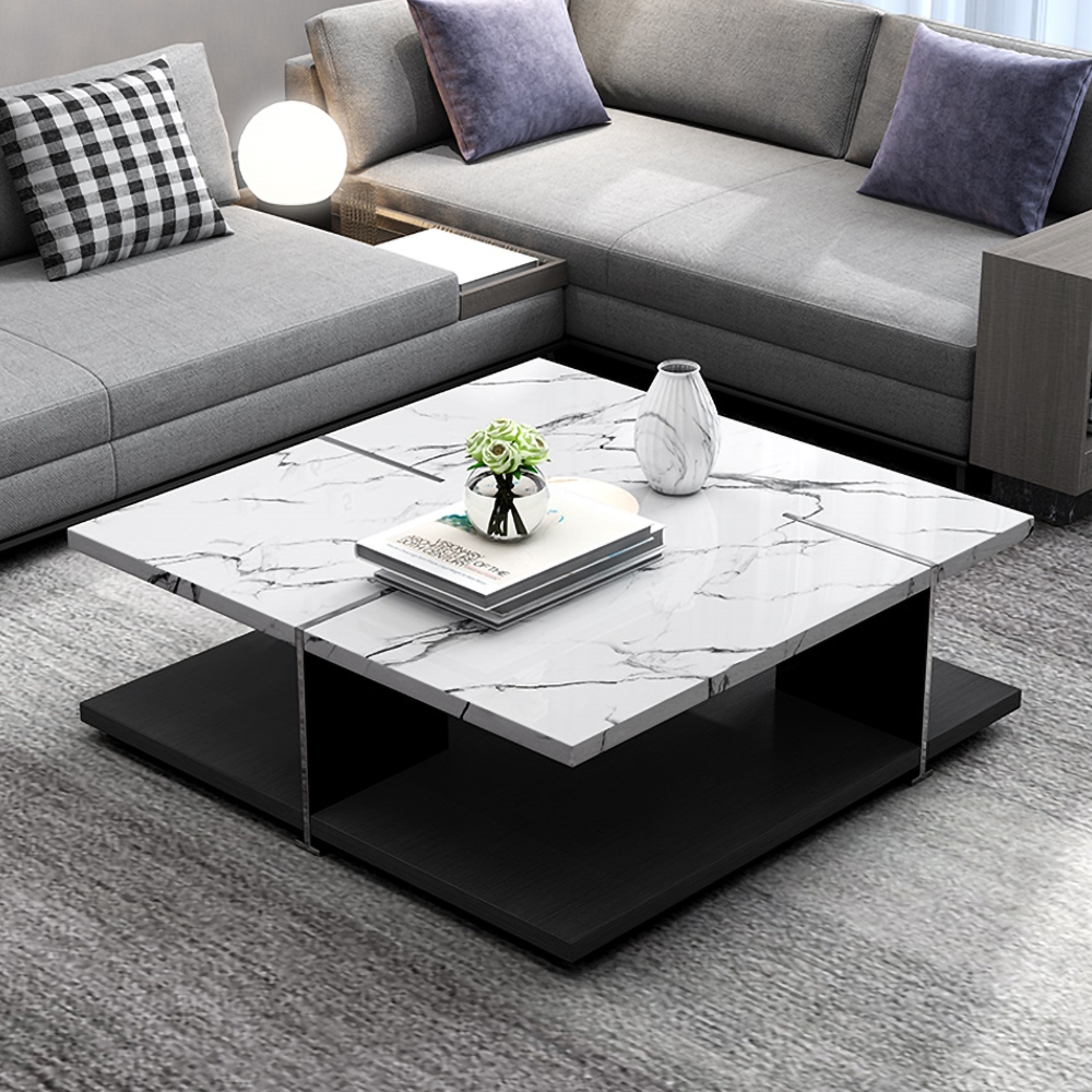White Square Coffee Table Faux Marble Accent Table with Storage Stainless Steel