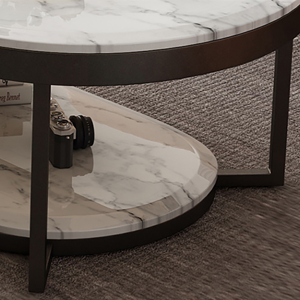 2-Tiered Modern Marble Coffee Table with Shelf Metal Frame