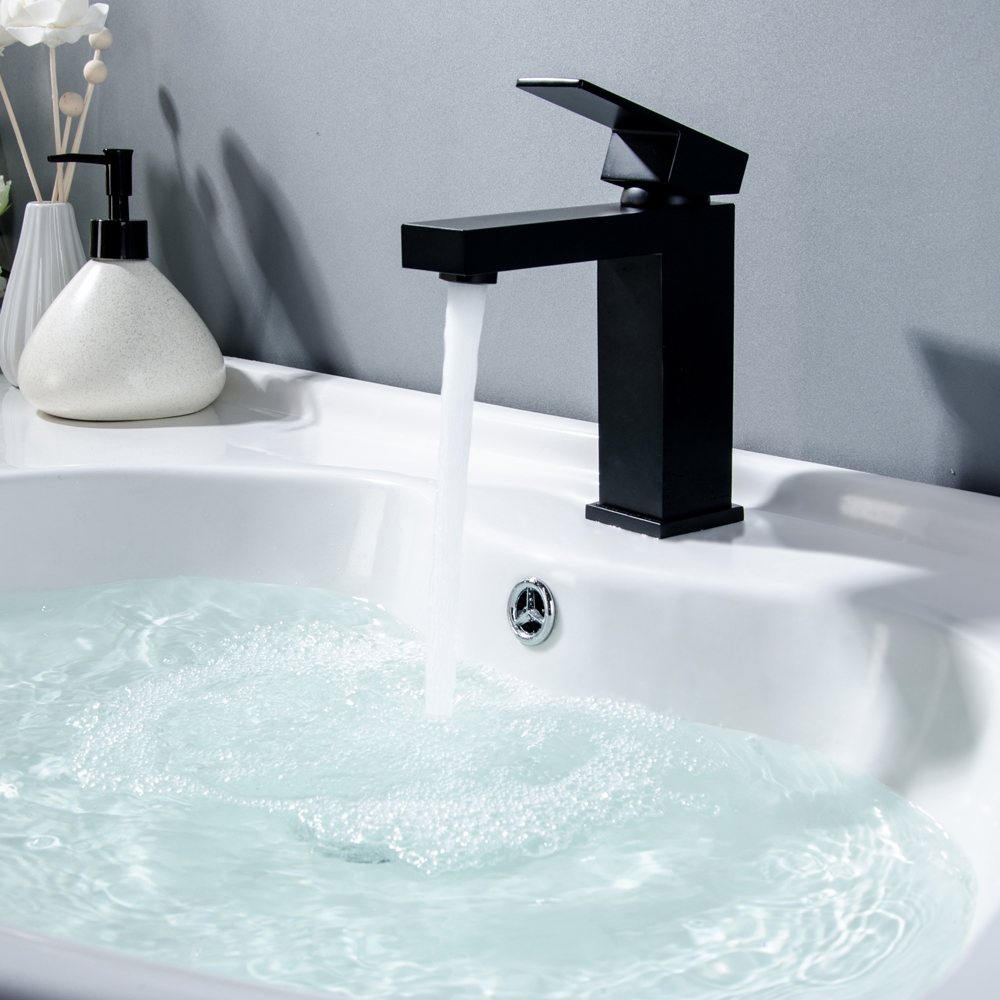 Vland Modern Single Handle 1-Hole Deck-Mount Matte Black Square Sink Faucet