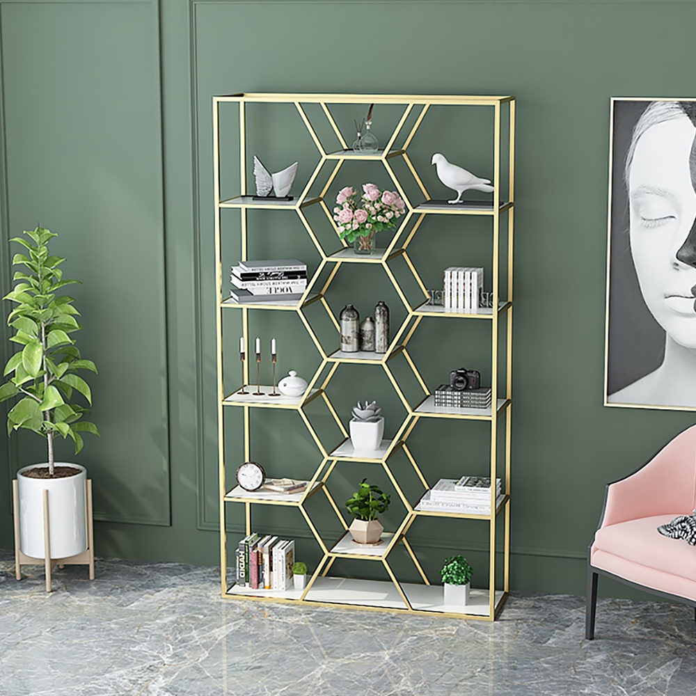 

Contemporary Honeycomb Etagere Bookshelf in Gold&White