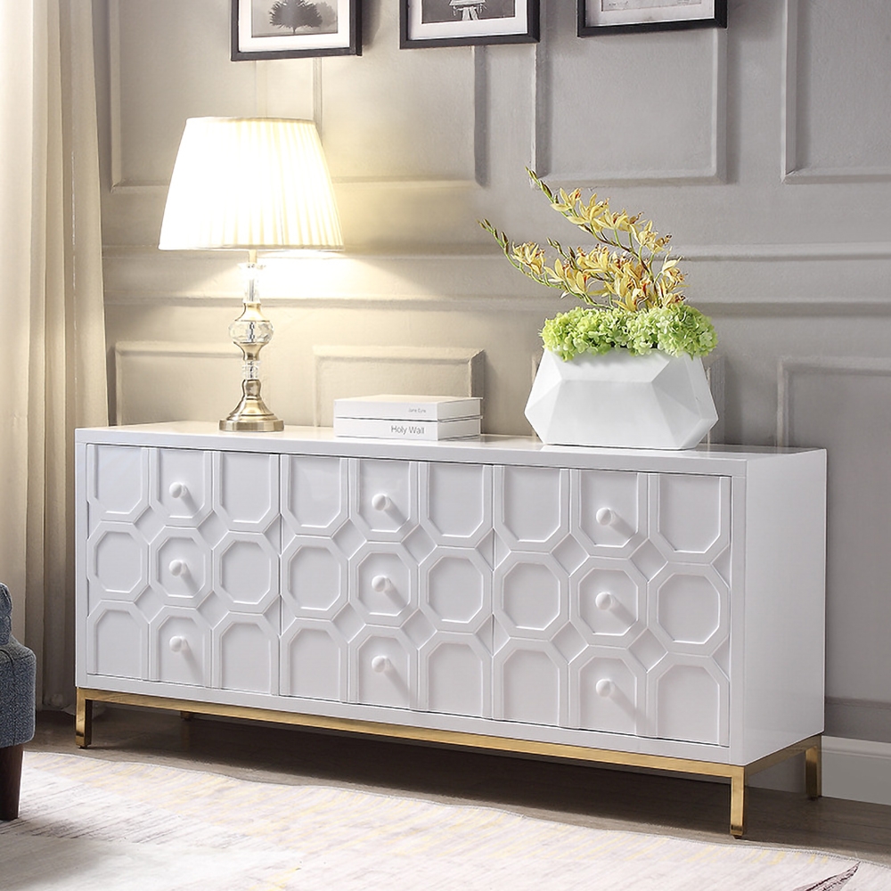 1600mm Modern White Sideboard Buffet Hexagonal Patterns Kitchen Cabinet Doors & Shelves