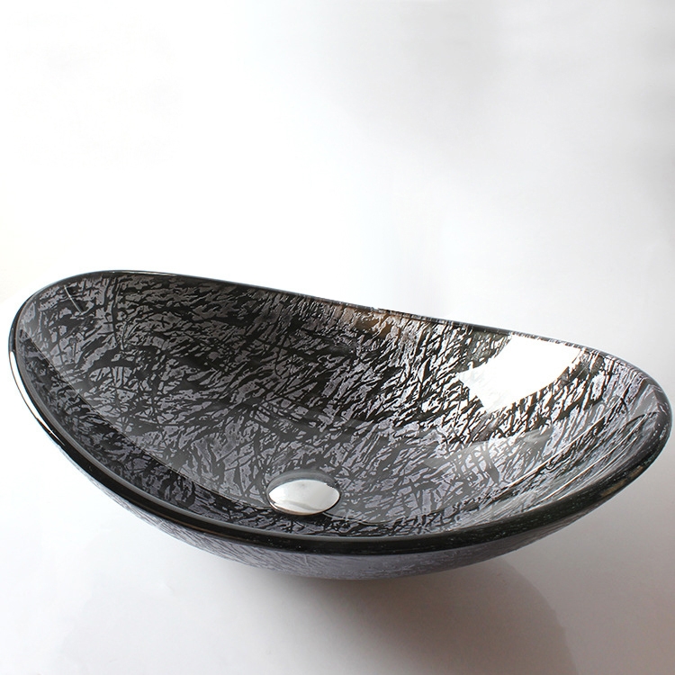 Modern Oval-Shaped Tempered Glass Countertop Bathroom Basin in Black & Silver