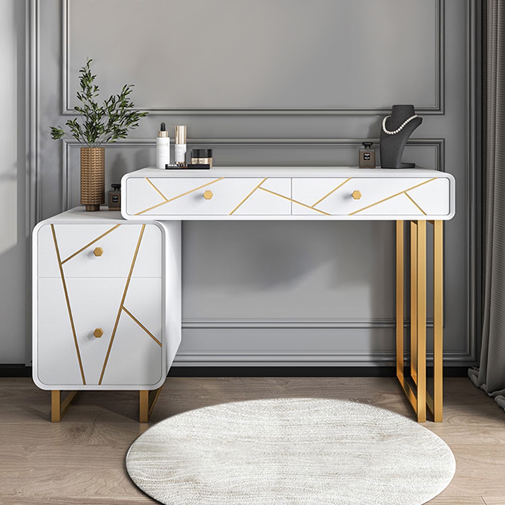 Modern White Makeup Vanity Expandable Dressing Table with Cabinet