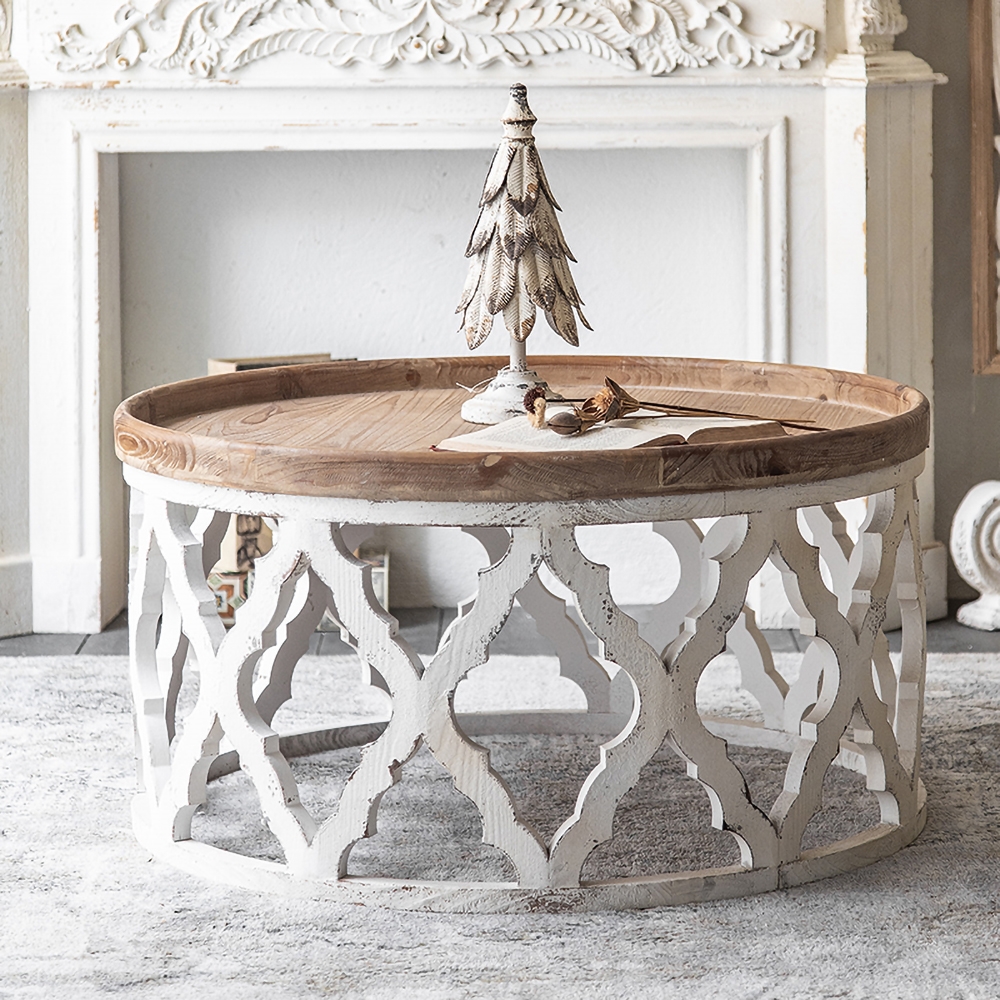 White Round Coffee Table with Tray Tabletop Wooden Carved Accent Table