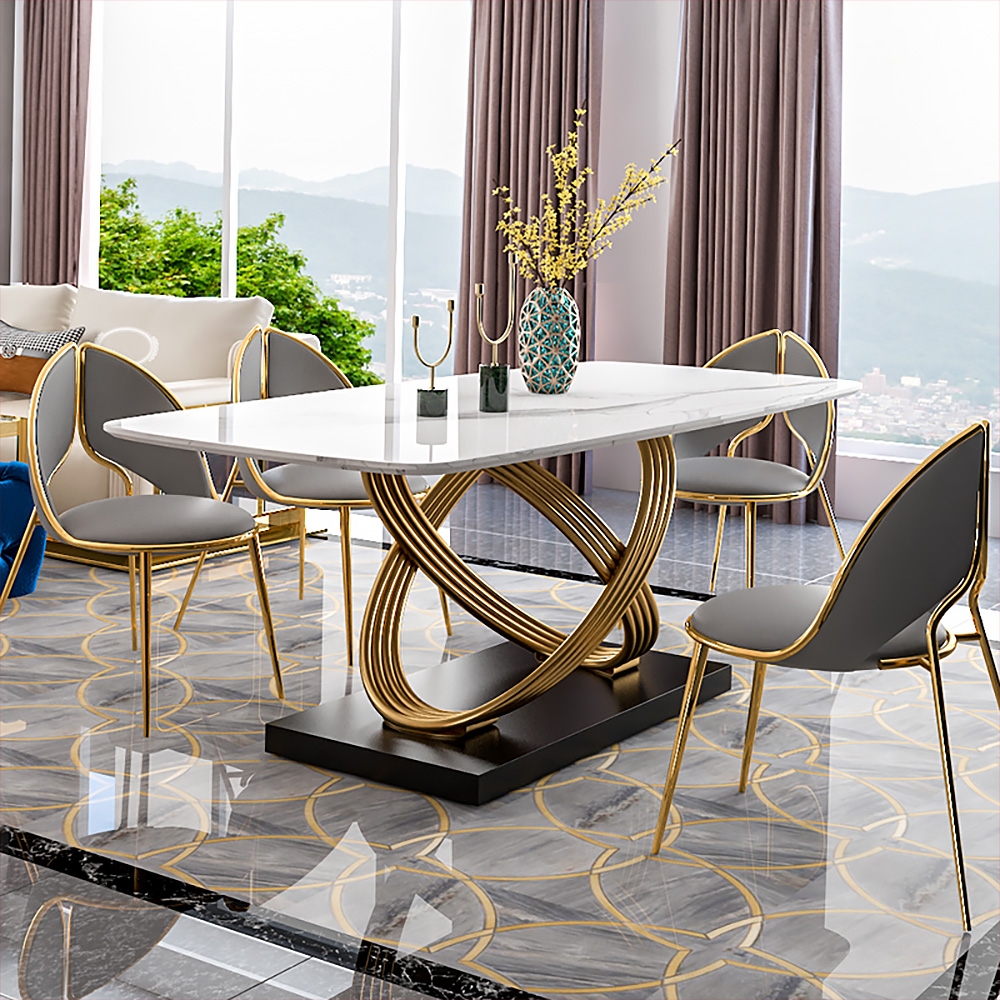 Modern Dining Chair PU Leather Upholstered Stainless Steel Gold Finish Chair (Set of 2)