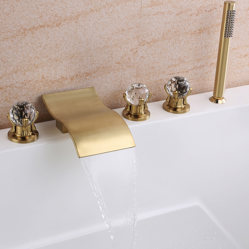 

Deck Mounted Waterfall Roman Tub Faucet with Hand Shower Triple Crystal Handle, Brushed gold