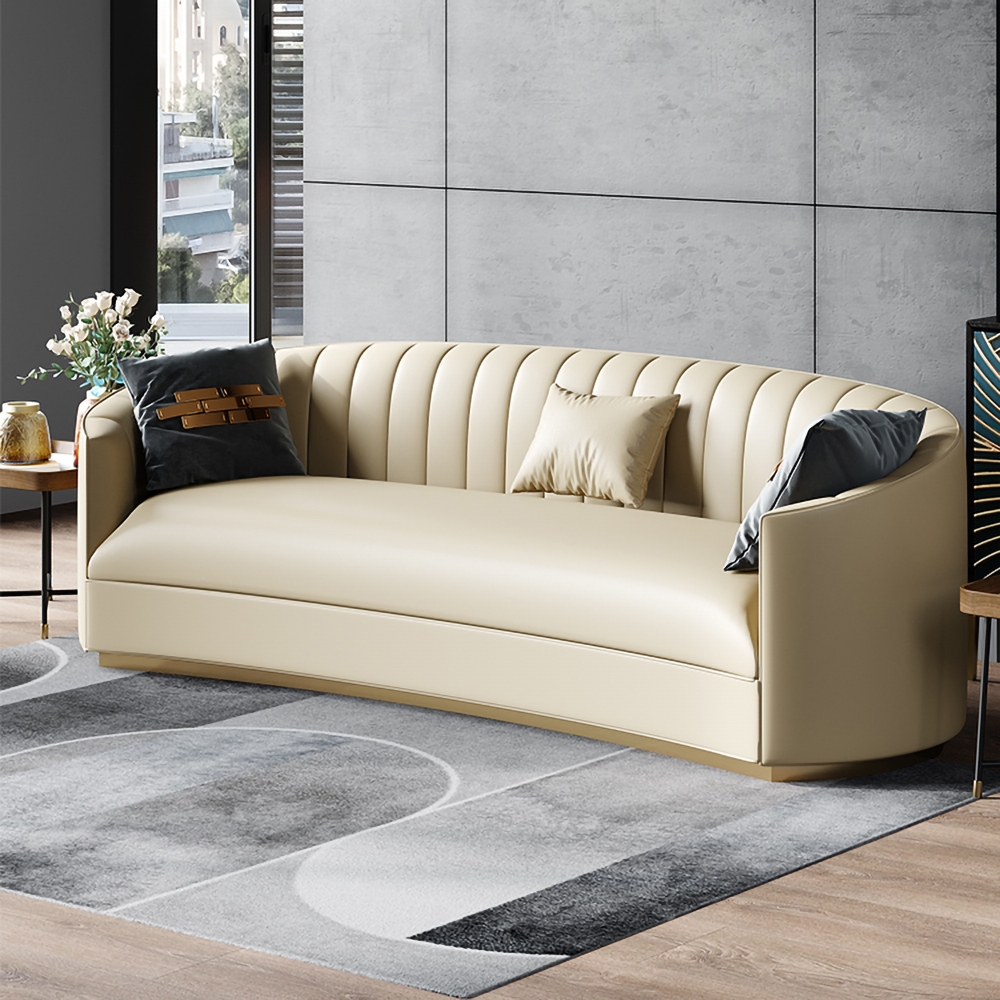 

70.9” Beige Curved Microfiber Leather Sofa Upholstered Couch with Gold Leg