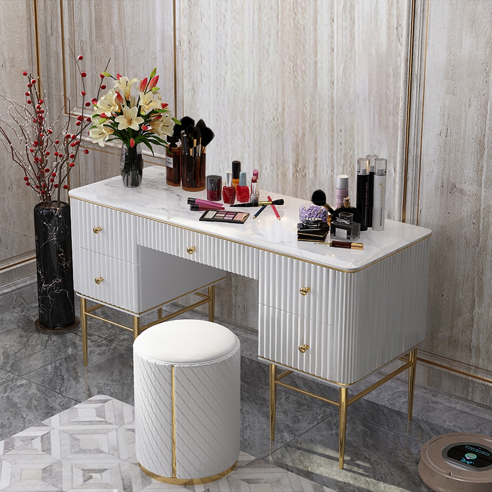 White Makeup Vanity Table Faux Marble Dressing Table with Drawers Gold Stainless Steel