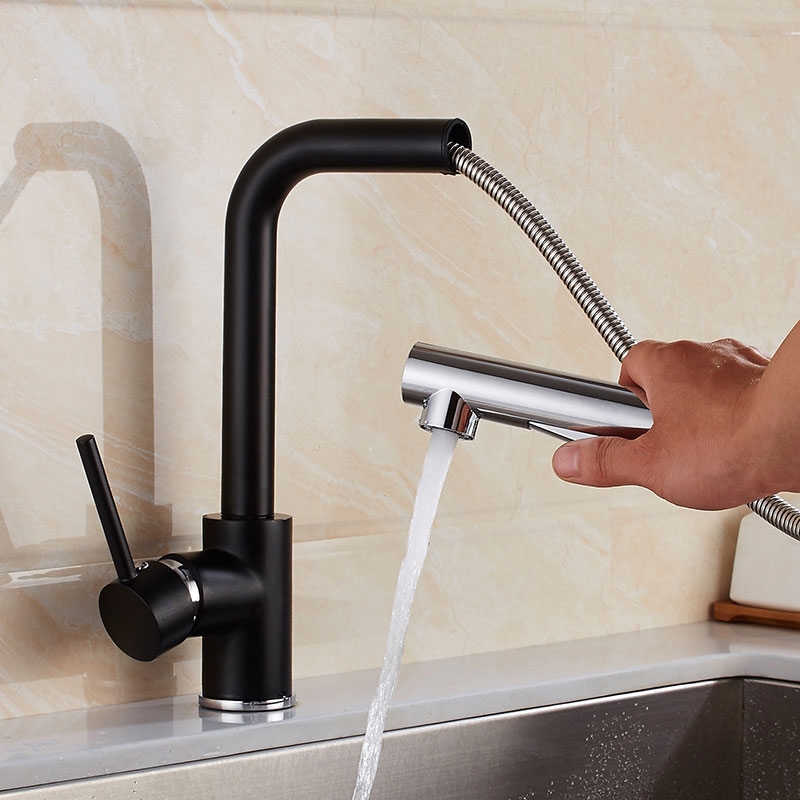 Modern Single Lever Pull-Out Spray Monobloc Kitchen Tap in Chrome&Black