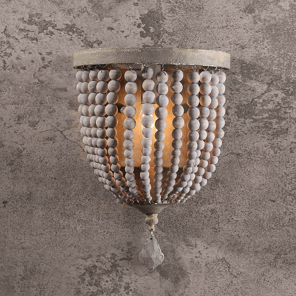 1-Light Wood Beaded Decorative Indoor Wall Sconce in Distressed Gray