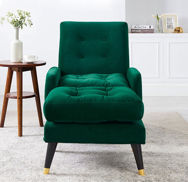 Green Velvet Upholstered Chaise Lounge Chair with Ottoman & Adjustable Back