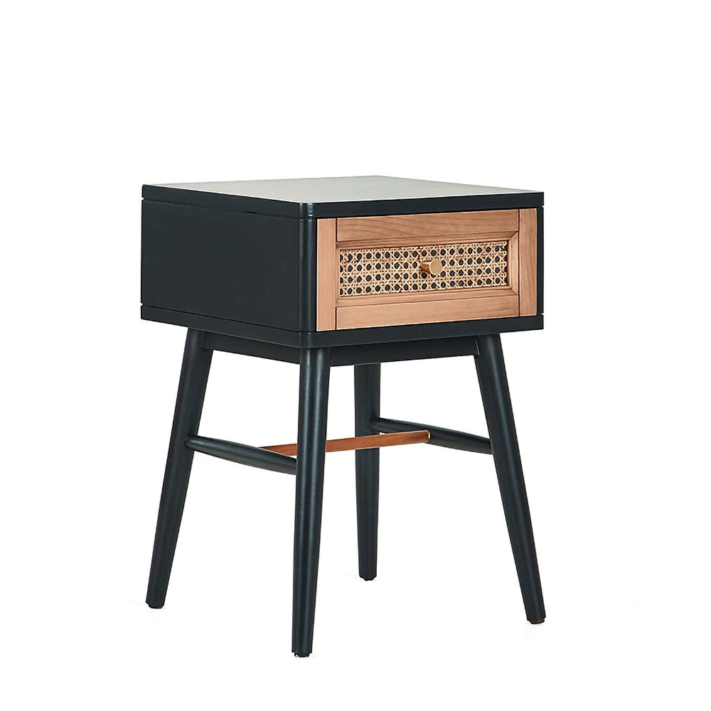 Modern Minimalist Black Nightstand Rattan Bedside Table with 1 Drawer