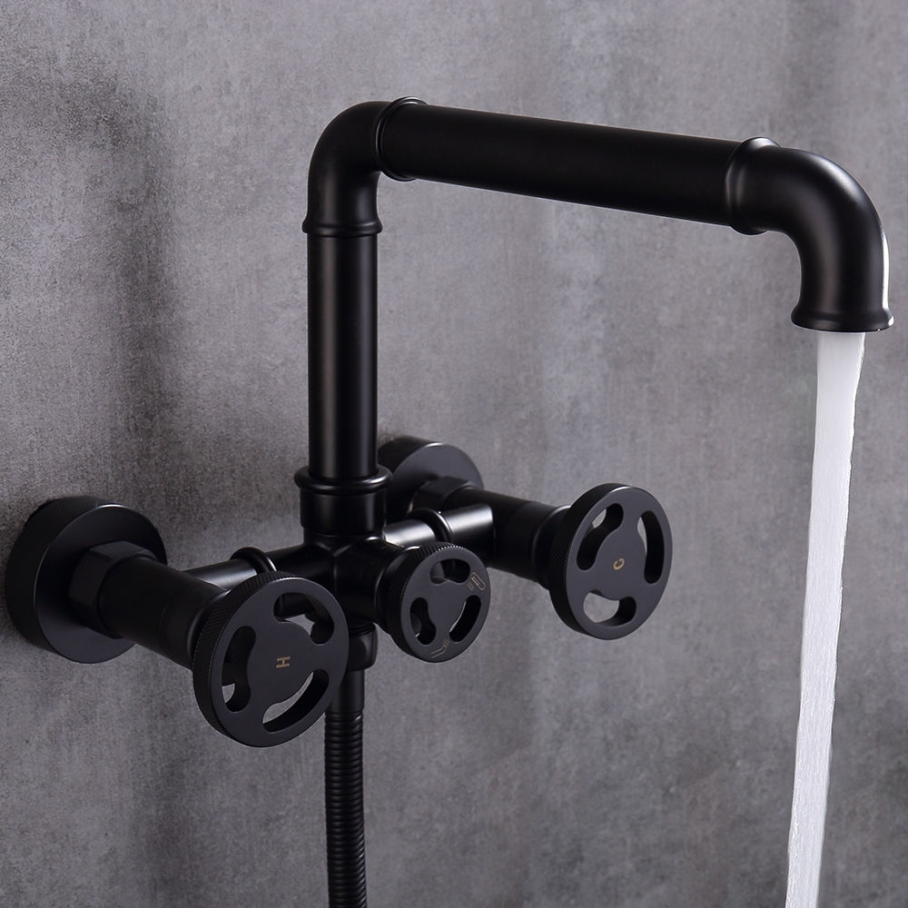 Ruth Industrial Pipe Matte Black Wall Mounted Bath Filler Mixer Tap with Hand Shower