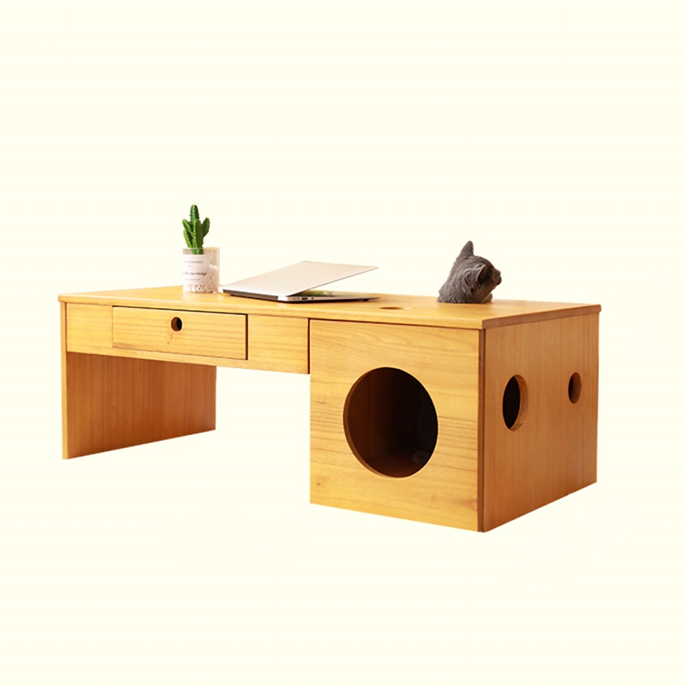 Natural Rectangular Coffee Table with Drawer & Cat Condos