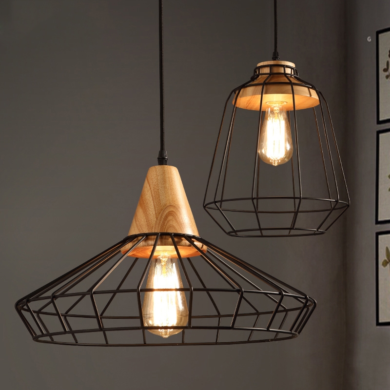 

Industrial Loft Geometric Black Metal Cage Single Light Wood Art Pendant Light Style A