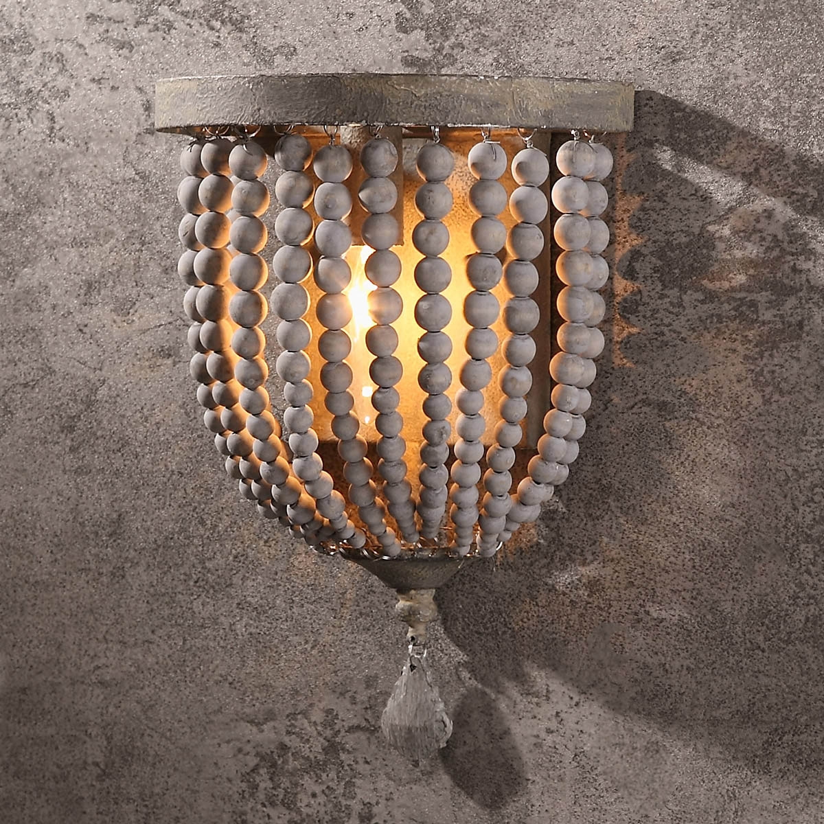 Image of 1-Light Wood Beaded Decorative Indoor Wall Sconce in Distressed Gray