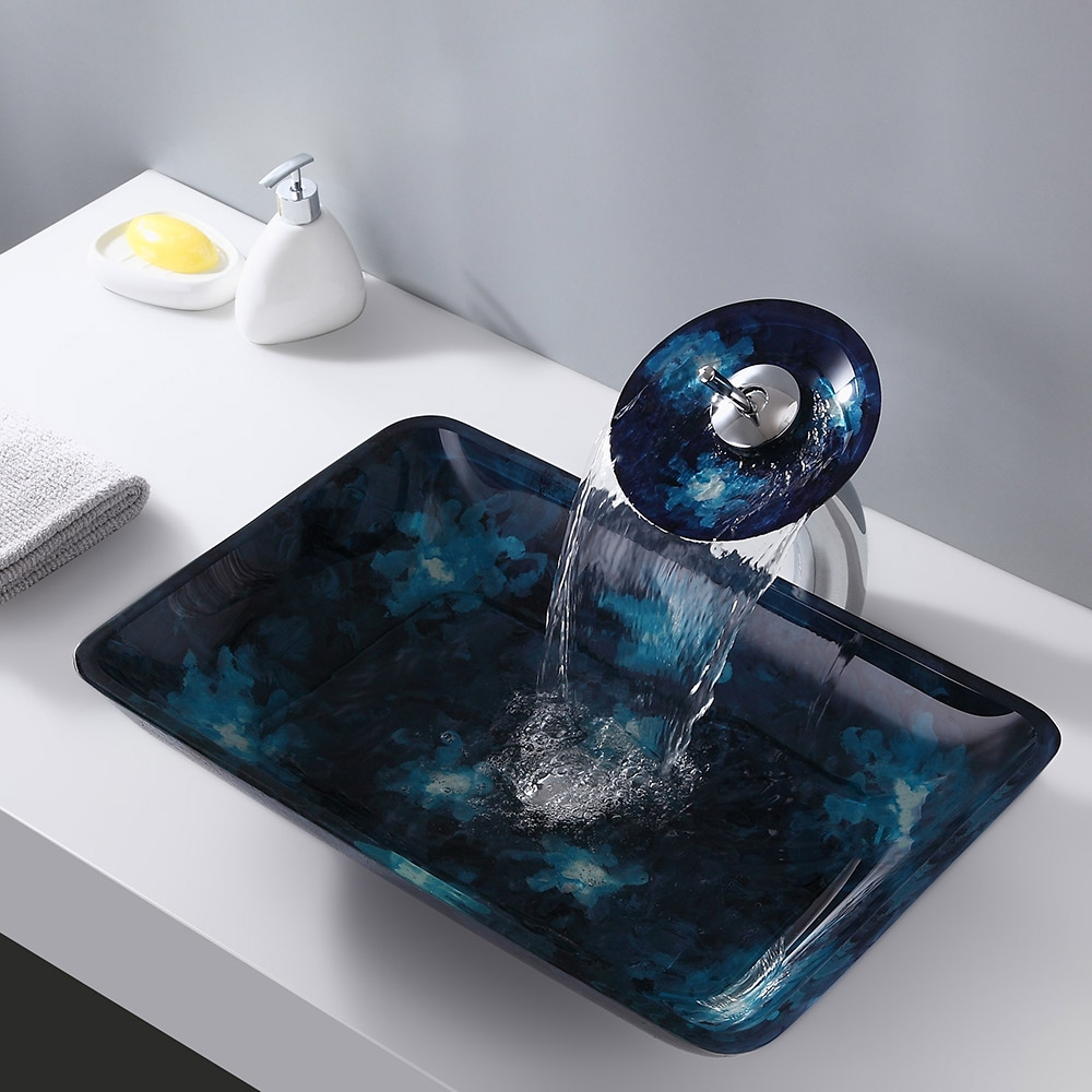 Rectangular Glass Bathroom Counter Top Basin in Blue with Waterfall Tap