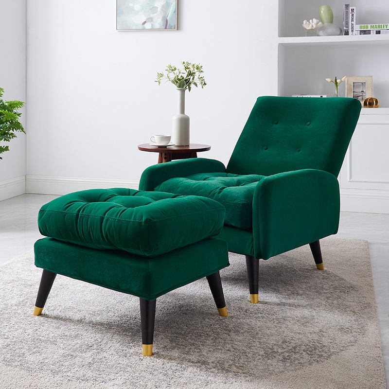 Image of Modern Green Velvet Chaise Lounge Chair with Ottoman & Adjustable Back