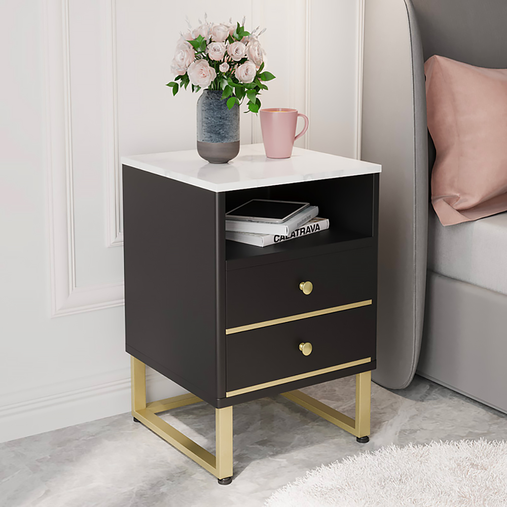 Black & Gold Nightstand Modern Stylish Side Table for Bedroom with 2 Drawers with Shelf