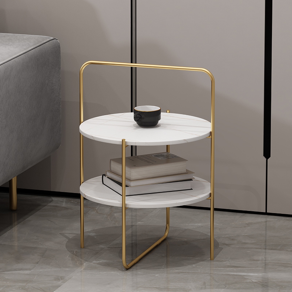 White Round Side Table Sintered Stone Top with Shelves End Table Metal