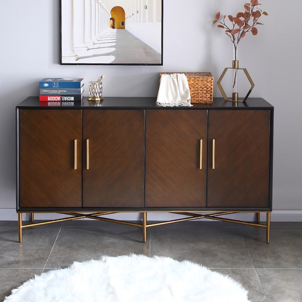 

63" Vintage Walnut Sideboard Buffet with 4 Doors and 4 Shelves in Gold Base