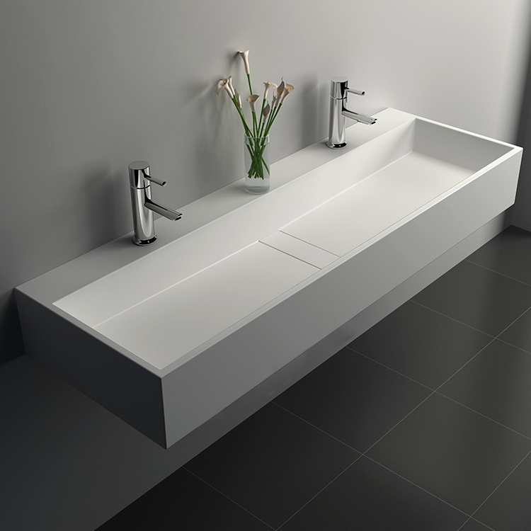 Image of 47 Inch Wall-Mount Double Sink Stone Resin Matte White Trough Bathroom Sink