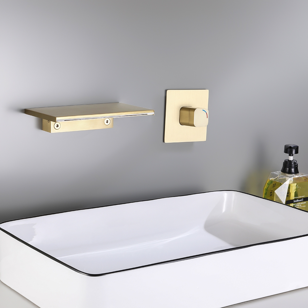 Waterfall Wall Mount Bathroom Sink Faucet Single Knob Solid Brass Brushed Gold Homary 0902