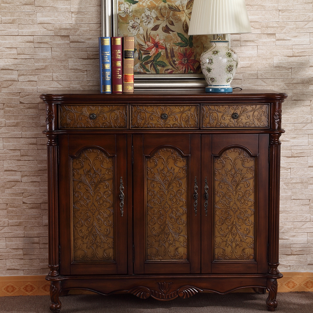 

47.2" Vintage Walnut Shoe Cabinet Embossed Floral Surface with 6 Shelves and 3 Doors