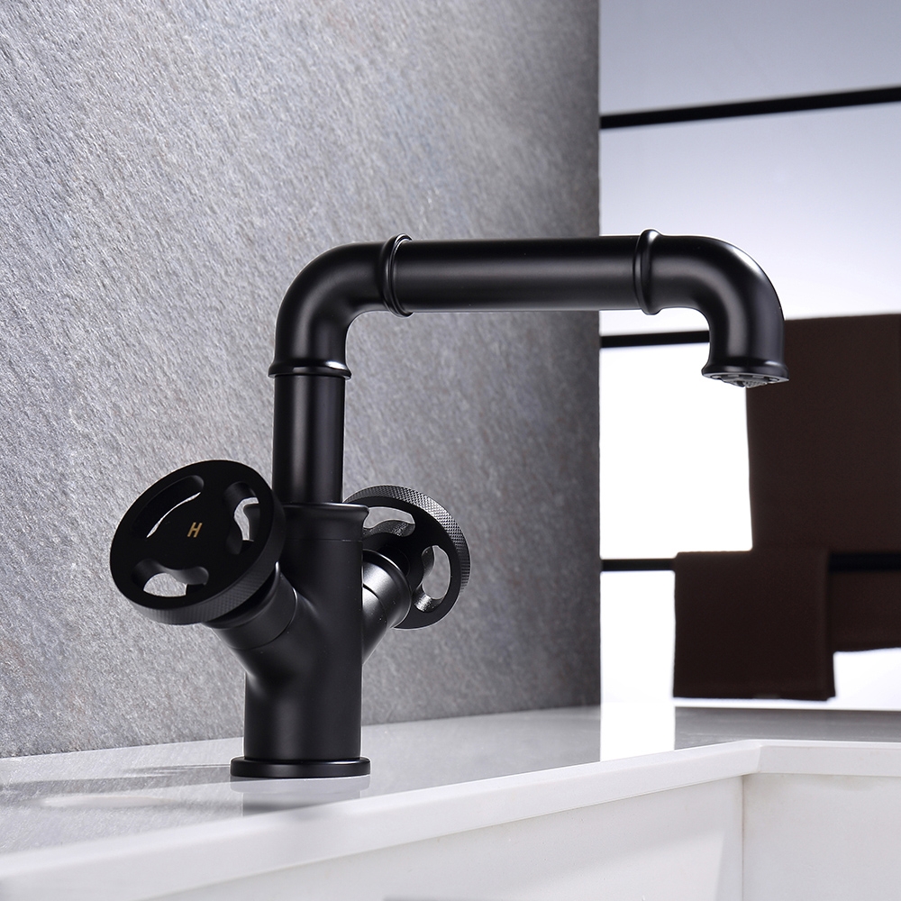 Ruth Industrial Pipe Matte Black Mono Bathroom Basin Mixer Tap Double Handles Solid Brass