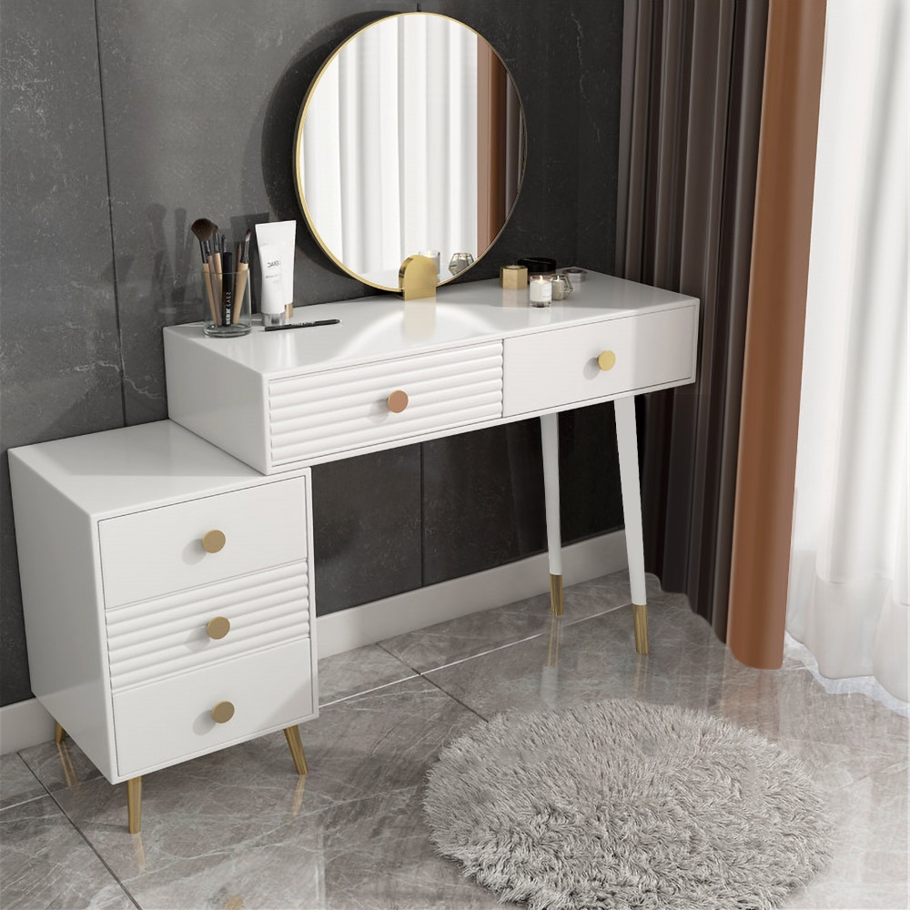 Modern Makeup Vanity Desk Vanity Set with Mirror & Stool Dresser Table with 5 Drawers