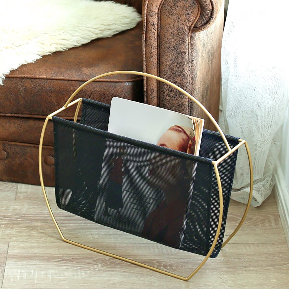 Contemporary Metal Magazine Rack With Handle For Bedroom In Rattan