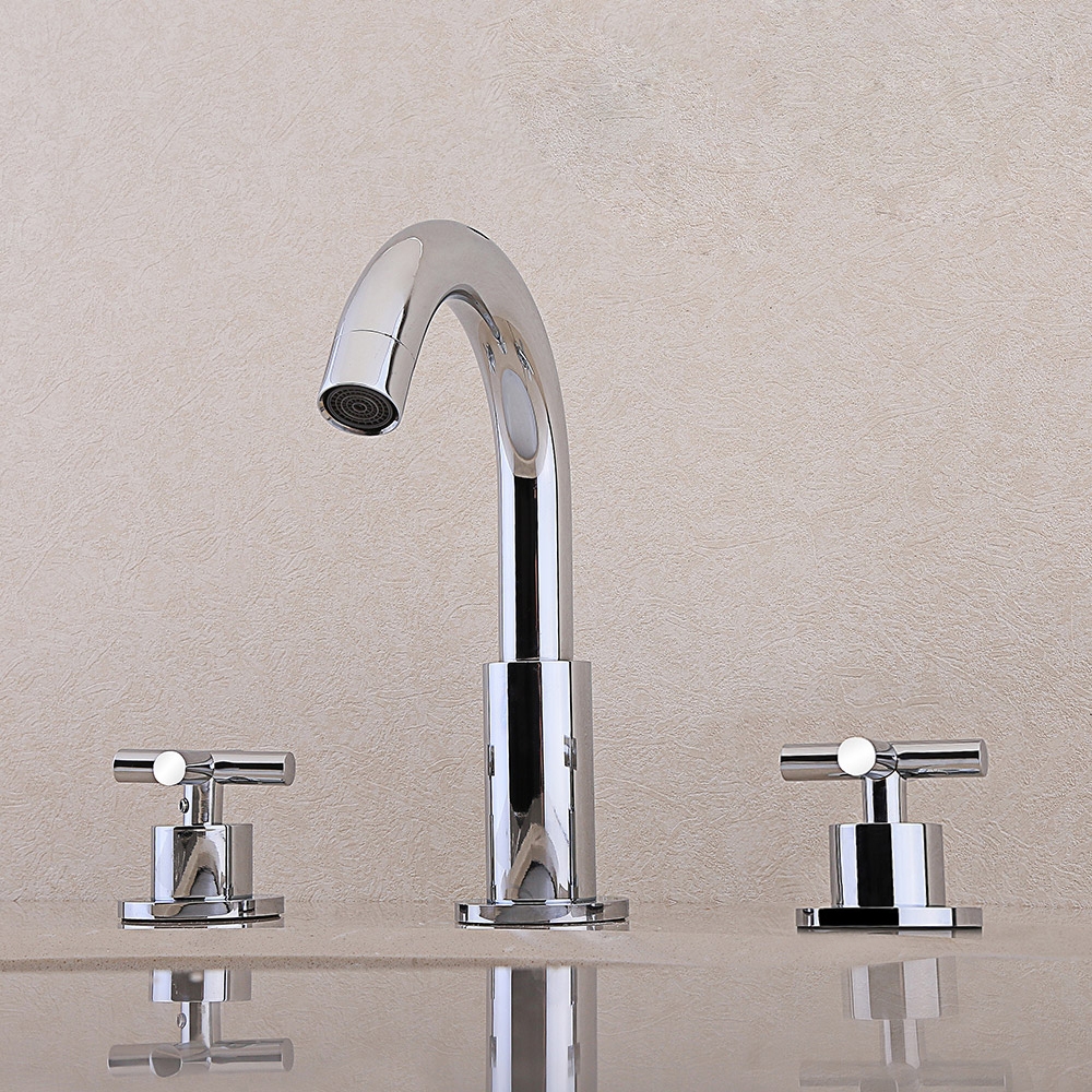 

Stev Modern Chrome Widespread Double Cross Handle Bathroom Sink Faucet Goosenecked Spout