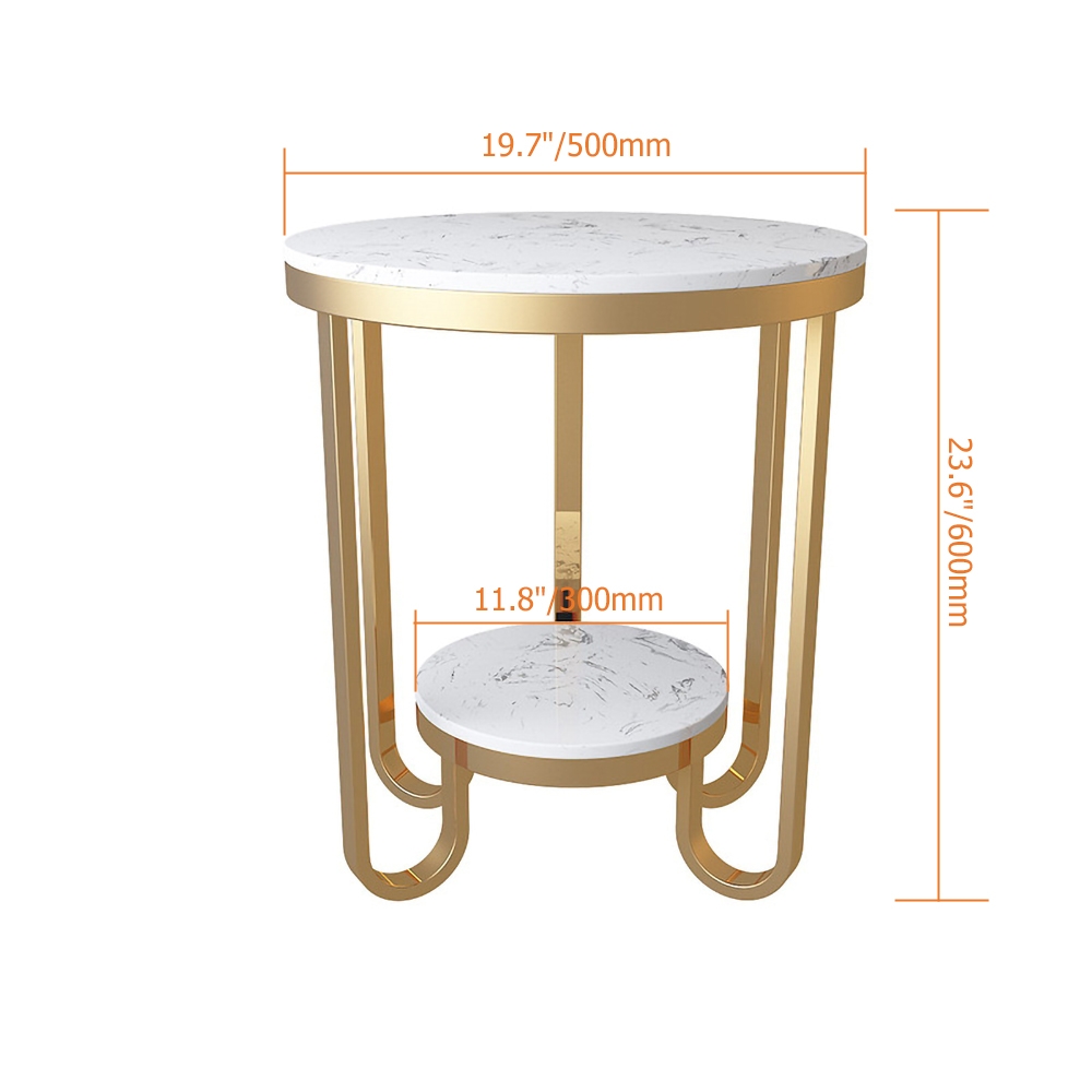 White Faux Marble Round End Table for Living Room with Storage Shelf Gold Metal