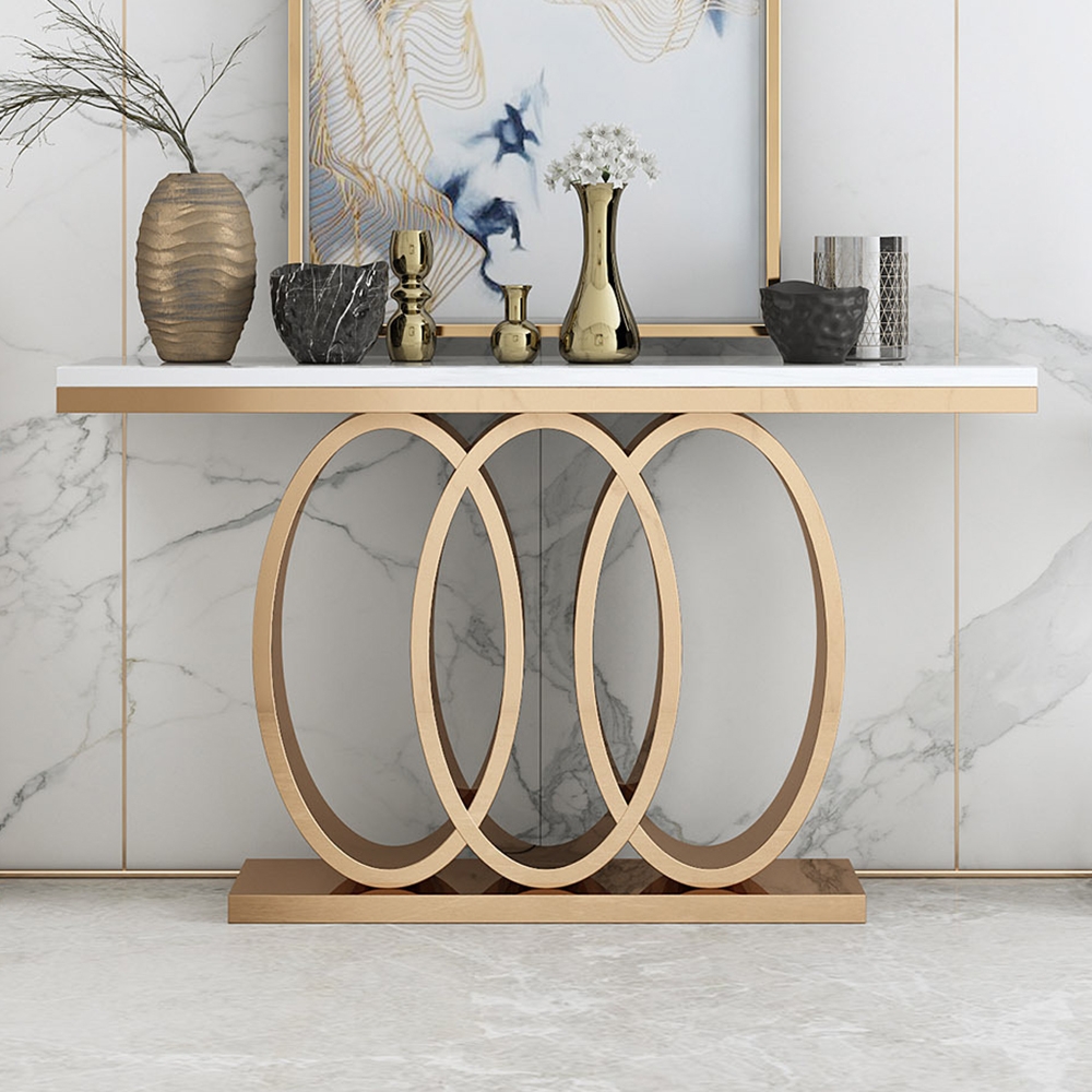 Modern Rectangular Console Table With Marble Top & Stainless Steel Base