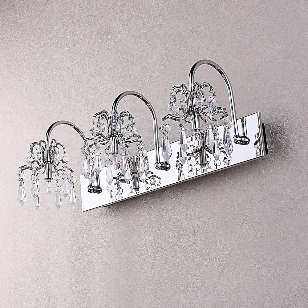 

Modern Clear Crystal 3-Light Bath Vanity Wall Lamp Fixture in Chrome