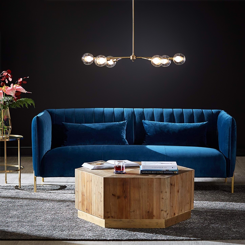 Mid Century Modern 75" Blue Velvet Upholstered 3 Seater Sofa In Gold