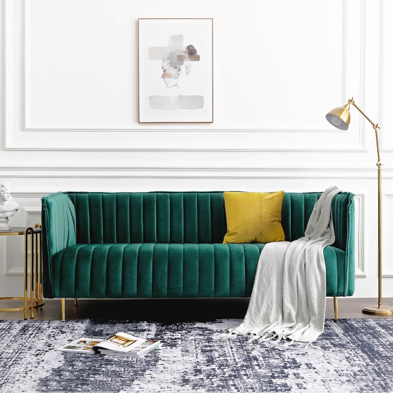 Mid Century Modern Green Velvet Upholstered 3 Seater Sofa In Gold