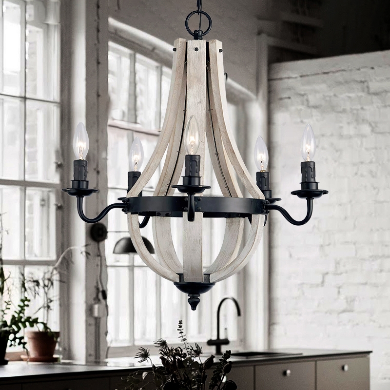 

Rustic Reclaimed Wood & Black  Metal Chandelier with Candle Light