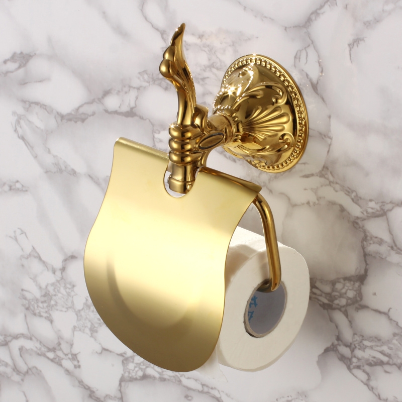 Atre Solid Brass Wall Mounted Toilet Roll Paper Holder with Smooth Cover for Bathroom in Gold