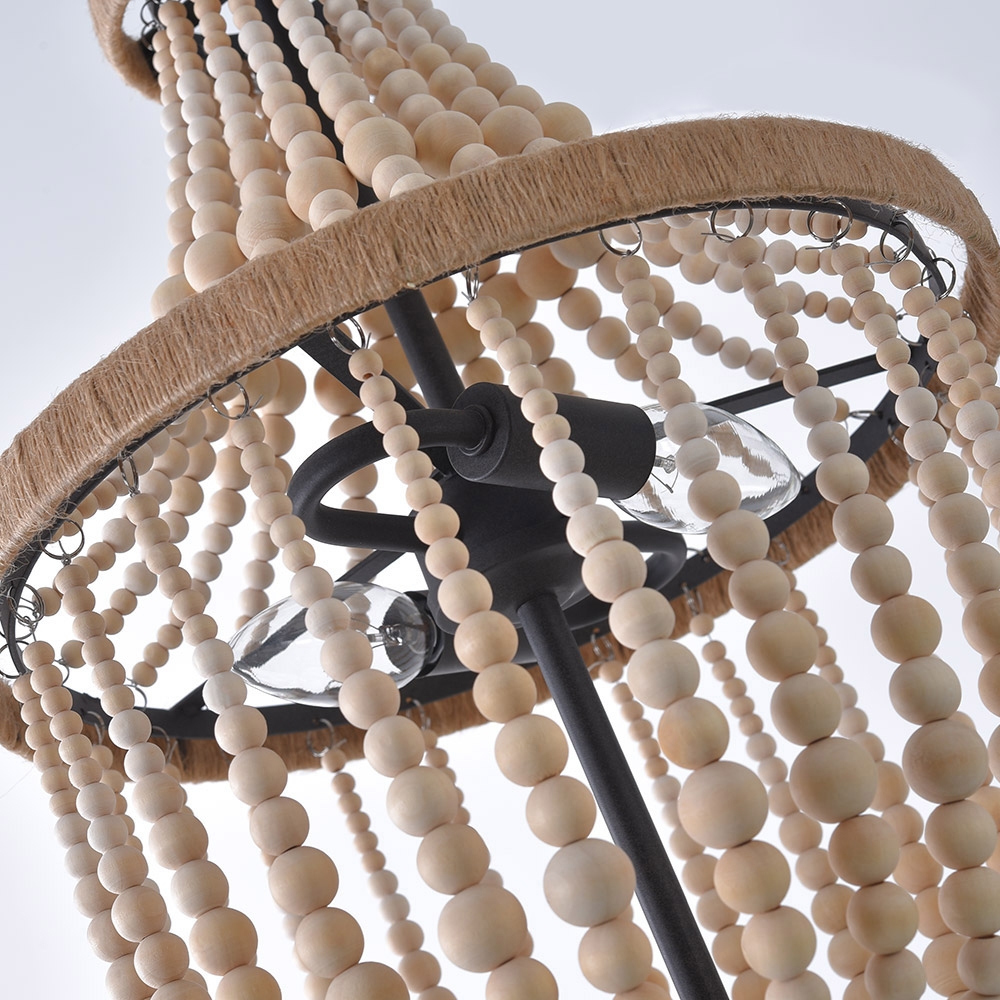 French Country 2-Light Wood Draped Beaded Empire Chandelier Natural Wood and Rope Chandelier
