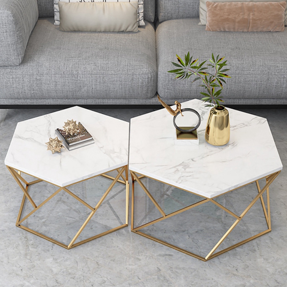 White Hexagon Coffee Table Set with Marble Top Metal Frame 2Piece