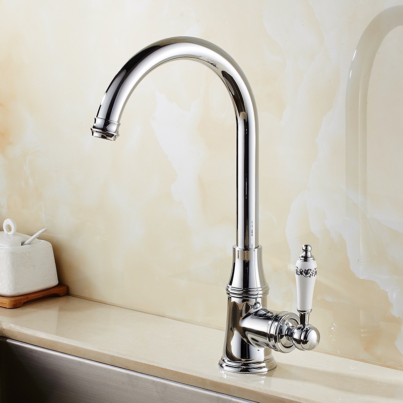 

Karon Classic Single Hole Gooseneck White Single Porcelain Handle Kitchen Faucet in Polished Chrome Solid Brass