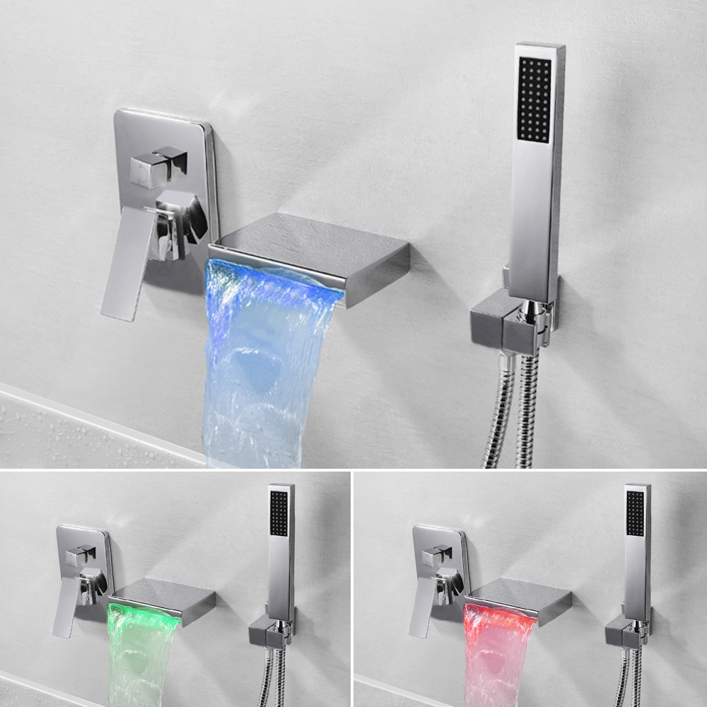 

Contemporary Polished Chrome Wall-Mount LED Waterfall Bathtub Filler Faucet with Hand Shower Solid Brass