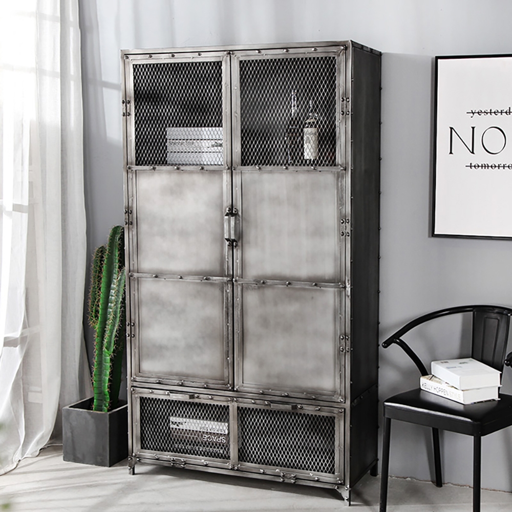 Industrial Gray Distressed Cabinet with 3 Mesh Doors & 2 Shelves 70