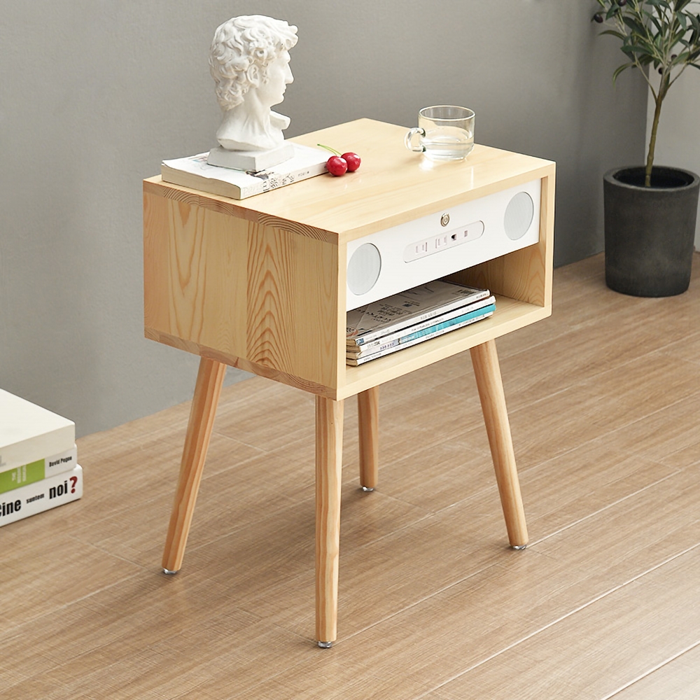 Natural & White Nightstand with Sensor Light Bluetooth Speaker & Sensor